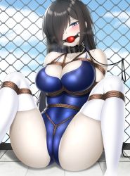 Rule 34 | 1girl, absurdres, against fence, arms behind back, ass, ball gag, bdsm, blue eyes, blue one-piece swimsuit, bondage, bound, breasts, cleavage, cloud, collar, competition school swimsuit, day, drooling, female focus, fence, frogtie, gag, ghost, hair over one eye, half-closed eyes, head tilt, highres, leash, long hair, looking at viewer, one-piece swimsuit, one eye covered, original, outdoors, parted bangs, plusout, school swimsuit, shibari, sitting, skin tight, skindentation, sky, solo, spread legs, swept bangs, swimsuit, thighhighs, thighs, training, very long hair, wedgie, white thighhighs