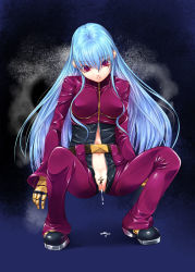 Rule 34 | 1girl, after anal, aftersex, bad id, bad pixiv id, belt, blue hair, breasts, catsuit, censored, chaps, cropped jacket, cum, cum in ass, cumdrip, full-length zipper, kirishima satoshi, kula diamond, large breasts, no panties, pussy, red eyes, snk, solo, squatting, the king of fighters, unzipped, zipper