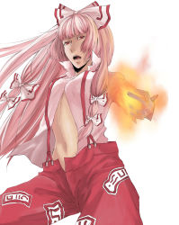 Rule 34 | 1girl, bad id, bad pixiv id, bow, colored eyelashes, female focus, fire, fujiwara no mokou, hair bow, long hair, midriff, navel, open clothes, open mouth, open shirt, pants, pink hair, red eyes, shirt, solo, suspenders, touhou, unbuttoned, vestal-doll, white hair, white shirt