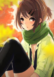 Rule 34 | 1boy, 1girl, absurdres, androgynous, black thighhighs, blurry, blurry background, blush, brown hair, collared shirt, green scarf, green shirt, hair ornament, hairclip, highres, johnjohn, looking at viewer, male focus, necktie, open clothes, open shirt, original, scarf, shirt, sidelocks, sitting, solo, thighhighs, trap, undone necktie, zettai ryouiki