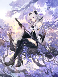 Rule 34 | 1girl, absurdres, alicia (anchor panic), anchor panic, bare shoulders, black gloves, breasts, detached sleeves, gloves, grey hair, hairband, high heels, highres, holding, holding sword, holding weapon, katana, long hair, medium breasts, official art, purple eyes, senryoko, sitting on branch, solo, sword, thighhighs, weapon