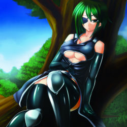 Rule 34 | 1girl, absurdres, bad id, bad pixiv id, bare shoulders, boots, breasts, cleavage, dress, elbow gloves, eyepatch, fukkatsu no sorono, gloves, green eyes, green hair, highres, in tree, large breasts, matching hair/eyes, original, sitting, smile, solo, sorono wa soro, thighhighs, tree, underboob