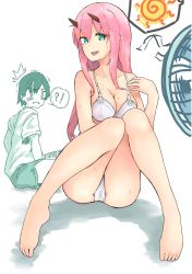 Rule 34 | !?, 10s, 1boy, 1girl, ass, barefoot, blush, bra, collarbone, commentary request, couple, cross rock, darling in the franxx, green eyes, hand on own shoulder, hetero, highres, hiro (darling in the franxx), horns, legs up, long hair, looking at viewer, no pants, no shirt, oni horns, panties, pantyshot, pink hair, red horns, shirt, short hair, shorts, sitting, speech bubble, sun, sweat, underwear, white bra, white panties, zero two (darling in the franxx)