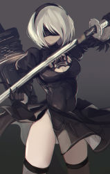 Rule 34 | 1girl, android, blindfold, cleavage cutout, clothing cutout, covered navel, cowboy shot, katana, mole, mole under mouth, nakaichi (ridil), nier (series), nier:automata, solo, sword, thighhighs, two-sided fabric, two-sided skirt, weapon, white hair, 2b (nier:automata)