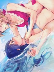 Rule 34 | 10s, 2girls, ayase eli, beach, bikini, blonde hair, blue hair, blush, breasts, brown eyes, cleavage, cloud, day, dutch angle, frilled bikini, frills, girl on top, head out of frame, highres, long hair, love live!, love live! school idol project, lying, md5 mismatch, midriff, multiple girls, navel, outdoors, partially submerged, profile, resized, sky, sonoda umi, swimsuit, water, wet, yukiiti, yuri