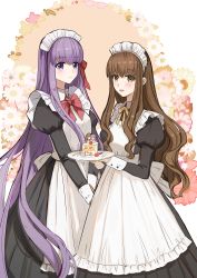 Rule 34 | 2girls, absurdres, apron, bow, bowtie, brown eyes, brown hair, cake, cake slice, chunzisame, commentary request, dress, fate/extra, fate (series), floral background, food, hair ribbon, highres, holding, holding plate, kishinami hakuno (female), long dress, long hair, long sleeves, looking at viewer, maid, maid apron, maid headdress, matou sakura, matou sakura (fate/extra), multiple girls, plate, puffy sleeves, purple eyes, purple hair, red bow, red bowtie, red ribbon, ribbon, smile, very long hair