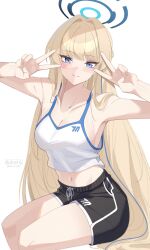 Rule 34 | 1girl, akanora, armpits, black shorts, blue archive, blush, braid, breasts, cleavage, collarbone, commentary, double v, drawstring, french braid, groin, halo, highres, long hair, looking at viewer, medium breasts, midriff, navel, short shorts, shorts, smile, solo, symbol-only commentary, tank top, toki (blue archive), twitter username, v, very long hair, white background, white tank top