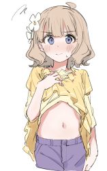 Rule 34 | 1girl, absurdres, ahoge, blue eyes, blue pants, blush, closed mouth, clothes lift, dress, dress lift, floral print, flower, hair flower, hair ornament, hand on own chest, hands up, highres, idolmaster, idolmaster million live!, lifting own clothes, long sleeves, looking at viewer, meeeeeeco359, navel, pants, print dress, shirt, shirt under dress, short hair, solo, stomach, suou momoko, wavy hair, white background, yellow dress, yellow shirt