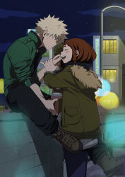 Rule 34 | 1boy, 1girl, artist name, bakugou katsuki, black pants, black shirt, blonde hair, blue pants, blush stickers, boku no hero academia, boots, brown footwear, brown hair, building, cheek pinching, cheek pull, closed eyes, commentary, couple, cross-laced footwear, cup, dimples, disposable cup, english commentary, fur-trimmed jacket, fur trim, green jacket, hetero, highres, holding, holding another&#039;s wrist, holding cup, holding hands, hood, hooded jacket, horikoshi kouhei (style), jacket, krumbs (dailykrumbs), lace-up boots, lamppost, lens flare, looking at another, medium hair, night, night sky, official style, outdoors, pants, pinching, pocket, red eyes, saliva, shirt, shoes, short hair, sidelocks, sitting, sky, spiked hair, uraraka ochako, winter clothes