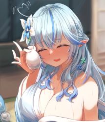 Rule 34 | 1girl, :d, ^ ^, ahoge, bare shoulders, blue hair, blue kimono, blush, breasts, closed eyes, cup, daifuku (yukihana lamy), drunk, facing viewer, flower, fur trim, hair between eyes, hair flower, hair ornament, half updo, holding, holding cup, hololive, indoors, japanese clothes, kimono, large breasts, long hair, off shoulder, open mouth, pointy ears, roco (rocoroco1115), smile, solo, sweat, virtual youtuber, yukihana lamy