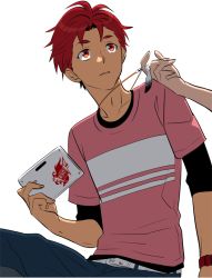 Rule 34 | belt, black shirt, blue pants, feather necklace, holding, holding tablet pc, ikuhashi muiko, jewelry, layered shirt, looking to the side, male focus, necklace, necklace pull, out of frame, pants, parted lips, pink shirt, red eyes, red hair, robotics;notes, shirt, short hair, solo focus, t-shirt, tablet pc, upper body, watch, white background, white belt, wristwatch, yashio kaito