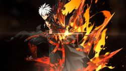 Rule 34 | 1boy, artist request, belt, black background, black hair, black pants, boots, claws, cross, cross necklace, elsword, energy, highres, jewelry, knee boots, looking at viewer, male focus, multicolored hair, necklace, official art, pants, rage hearts (elsword), raven cronwell, red footwear, scar, solo, spiked hair, topless male, two-tone hair, white hair, yellow eyes