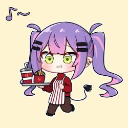 1girl apron brown_pants cup demon_girl demon_tail disposable_cup dohoon employee_uniform food french_fries green_eyes grin highres holding holding_tray hololive multicolored_hair pants piercing pink_hair purple_hair red_sweater running smile streaked_hair sweater tail tail_ornament tail_piercing tokoyami_towa tray turtleneck turtleneck_sweater twintails virtual_youtuber white_apron