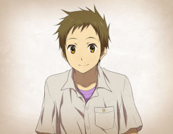 Rule 34 | 10s, 1boy, breast pocket, brown eyes, brown hair, buttons, closed mouth, collarbone, collared shirt, dress shirt, fukube satoshi, gradient background, hyouka, looking at viewer, male focus, pocket, rito453, shirt, short hair, short sleeves, smile, solo, under shirt, upper body, wing collar, yellow eyes