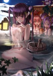 Rule 34 | 3girls, 4girls, animal hands, bare shoulders, bathing, bb (fate), bb (fate) (all), bb (swimsuit mooncancer) (fate), bb (swimsuit mooncancer) (third ascension) (fate), blue eyes, blunt bangs, blush, bottle, bow, breasts, brown eyes, bucket, cat paws, chibi, cleavage, closed mouth, collarbone, constricted pupils, double bun, fang, fate/extra, fate/grand order, fate (series), forehead, full moon, gloves, grass, hair between eyes, hair bow, hair bun, hair ornament, hair scrunchie, highres, lantern, legs, long hair, looking at viewer, looking to the side, medium breasts, moon, multiple girls, nakasaku-p, naked towel, night, night sky, onsen, parted bangs, partially submerged, paw gloves, pink hair, plant, ponytail, purple hair, red bow, sake bottle, scrunchie, sideboob, sidelocks, sitting, sky, small breasts, smile, snow, tamamo (fate), tamamo cat (fate), tentacles, towel, twintails, water, wooden bucket, wu zetian (fate), yang guifei (fate), yang guifei (second ascension) (fate), yellow eyes, yellow scrunchie