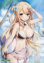 Rule 34 | 1girl, absurdres, apron, artist name, bikini, bird, black bikini, blonde hair, blush, breasts, cleavage, cloud, cowboy shot, day, detached collar, fence, hair ornament, hair ribbon, hand on own forehead, highres, komeshiro kasu, large breasts, long hair, looking at viewer, melonbooks, navel, ocean, one side up, open mouth, original, outdoors, palm tree, ribbon, see-through, side-tie bikini bottom, sky, solo, swimsuit, thighhighs, tray, tree, waist apron, white thighhighs, wrist cuffs, yellow eyes
