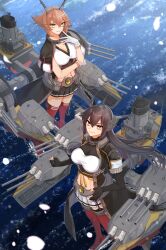 Rule 34 | 2girls, black gloves, black hair, black skirt, breasts, brown hair, capelet, cleavage, clenched hand, closed mouth, elbow gloves, garter straps, gloves, green eyes, hand on own hip, headgear, highres, kantai collection, large breasts, long hair, looking at viewer, machi (ritovoyage), midriff, miniskirt, multiple girls, mutsu (kancolle), mutsu kai ni (kancolle), nagato (kancolle), nagato kai ni (kancolle), parted lips, partially fingerless gloves, petals, pleated skirt, rigging, short hair, skirt, smoke, standing, tassel, turret, water, white gloves, white skirt