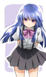 Rule 34 | 1girl, arms behind back, bad id, bad pixiv id, black skirt, blue hair, border, bow, bowtie, closed mouth, collared shirt, commentary request, cowboy shot, furude rika, highres, higurashi no naku koro ni, long hair, looking at viewer, morte ai, outline, outside border, pleated skirt, purple background, purple bow, purple bowtie, purple eyes, school uniform, shadow, shirt, short sleeves, simple background, skirt, smile, solo, standing, suspender skirt, suspenders, twitter username, white border, white outline, white shirt