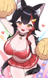 Rule 34 | 1girl, :3, animal collar, animal ears, bare arms, bare shoulders, black hair, blush, breasts, cheerleader, cleavage, collar, collarbone, cowboy shot, crop top, hair between eyes, halterneck, heart, highres, holding, holding pom poms, hololive, kani bonara, large breasts, leaning forward, long hair, looking at viewer, midriff, miniskirt, multicolored hair, navel, ookami mio, open mouth, orange eyes, pleated skirt, pom pom (cheerleading), pom poms, ponytail, red shirt, red skirt, shirt, sidelocks, simple background, skirt, smile, streaked hair, tail, tareme, thighs, very long hair, virtual youtuber, wolf ears, wolf girl, wolf tail