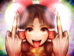 Rule 34 | 1girl, benikurage (cookie), blush, bow, brown eyes, brown hair, commentary request, cookie (touhou), double middle finger, dress, fangs, frilled hair tubes, frills, hair bow, hair tubes, hakurei reimu, khn (kihana), looking at viewer, medium hair, middle finger, open mouth, orange scarf, parted bangs, portrait, red bow, red dress, scarf, sleeveless, sleeveless dress, slit pupils, smile, solo, tongue, tongue out, touhou, yellow scarf