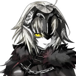 Rule 34 | 1girl, ahoge, akihoop, alternate skin color, black cape, boobplate, breastplate, cape, chain, colored skin, fate/grand order, fate (series), fur-trimmed cape, fur trim, grey hair, hair over one eye, headpiece, jeanne d&#039;arc alter (fate), looking at viewer, portrait, short hair, simple background, slit pupils, smile, teeth, white background, white skin, yellow eyes