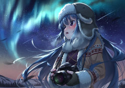 Rule 34 | 1girl, aurora, blue hair, brand name imitation, brown jacket, camera, commentary request, fingerless gloves, fur-trimmed jacket, fur-trimmed sleeves, fur trim, gloves, grey gloves, hair between eyes, highres, holding, holding camera, jacket, kuromasu, long hair, looking away, mountain, mountainous horizon, night, open clothes, open jacket, outdoors, purple eyes, shima rin, sidelocks, sky, snow, solo, star (sky), starry sky, tree, upper body, very long hair, yurucamp
