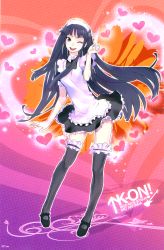 Rule 34 | 00s, 1girl, absurdres, akiyama mio, alternate costume, apron, black eyes, black hair, black thighhighs, breasts, dress, enmaided, female focus, frilled thighhighs, frills, full body, hair ornament, heart, highres, huge filesize, k-on!, laughing, legs, lipstick, long hair, maid, maid apron, maid headdress, makeup, moe moe kyun!, one eye closed, open mouth, redjuice, round teeth, shoes, short dress, small breasts, smile, solo, standing, teeth, thighhighs, very long hair, wink, zettai ryouiki