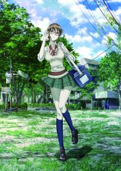 Rule 34 | 1girl, absurdres, adjusting eyewear, bag, blue socks, bow, bowtie, brown hair, cloud, cloudy sky, coppelion, day, glasses, grass, green eyes, green skirt, highres, house, ivy, kneehighs, loafers, miniskirt, nature, nomura taeko, official art, outdoors, overgrown, pale skin, plaid, plaid skirt, plant, pleated skirt, power lines, red-framed eyewear, road sign, ruins, scenery, school uniform, shoes, short ponytail, shoulder bag, sign, skirt, sky, sleeves rolled up, socks, solo, standing, standing on one leg, striped bow, striped bowtie, striped clothes, striped neckwear, sweater vest, traffic light, tree