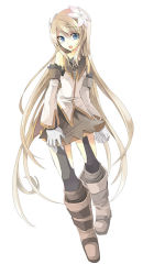 Rule 34 | 00s, 1girl, black skirt, black thighhighs, blue eyes, boots, brown hair, detached sleeves, flower, fruit punch, full body, gloves, hair flower, hair ornament, knee boots, long hair, marta lualdi, miniskirt, skirt, smile, solo, tales of (series), tales of symphonia, tales of symphonia: dawn of the new world, thighhighs, thighhighs under boots, white gloves