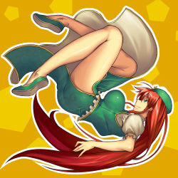 Rule 34 | 1girl, blue eyes, braid, breasts, china dress, chinese clothes, dress, female focus, full body, hat, hong meiling, jonylaser, legs, long hair, red hair, solo, embodiment of scarlet devil, touhou, twin braids