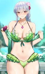 Rule 34 | 1girl, absurdres, armlet, bare shoulders, bikini, blue sky, blurry, blurry background, blush, bracelet, braid, braided ponytail, breasts, cleavage, closed mouth, collarbone, earrings, fate/grand order, fate (series), flower, frills, green bikini, green vest, hair flower, hair ornament, hair ribbon, highres, hood, hooded vest, hoodie, jewelry, kama (fate), kama (swimsuit avenger) (fate), kama (swimsuit avenger) (second ascension) (fate), large breasts, long hair, looking at viewer, lotus, necklace, nvl, off shoulder, pendant, red eyes, ribbon, silver hair, sky, smile, solo, swimsuit, thighs, vest