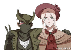Rule 34 | 1boy, 1girl, arm around shoulder, ascot, blonde hair, bloodborne, blush, bonnet, closed mouth, coat, covered mouth, gloves, green coat, green eyes, green gloves, hand up, hat, hunter (bloodborne), jitome, mask, mouth mask, plain doll, red ascot, ruukii drift, sanpaku, simple background, smile, tricorne, v, white background