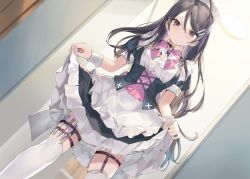 Rule 34 | 1girl, absurdres, black eyes, black hair, blush, breasts, cleavage, cleavage cutout, closed mouth, clothes lift, clothing cutout, commentary request, dutch angle, hair between eyes, hair ornament, hairclip, highres, kimishima ayano, lifted by self, long hair, looking at viewer, maid, maid headdress, momoko (momopoco), novel illustration, official art, pen, skirt, skirt hold, skirt lift, solo, standing, thighhighs, tokidoki bosotto roshia-go de dereru tonari no arya-san, white thighhighs