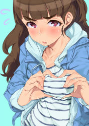 Rule 34 | 1girl, blue background, blue jacket, blunt bangs, blush, breasts, brown hair, collarbone, eyebrows, flying sweatdrops, geregere (lantern), heart, heart-shaped boob challenge, heart hands, hood, hoodie, idolmaster, idolmaster cinderella girls, jacket, kamiya nao, long hair, looking at viewer, medium breasts, open clothes, open jacket, open mouth, purple eyes, shirt, simple background, solo, striped clothes, striped shirt, sweatdrop, thick eyebrows, wavy hair