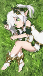 Rule 34 | 1girl, absurdres, ass, bloomers, bracelet, cape, commentary, detached sleeves, dress, from above, full body, genshin impact, gradient hair, grass, green eyes, hair between eyes, hair ornament, head tilt, highres, jewelry, kaishin (1317732685), leaf hair ornament, long hair, looking at viewer, looking up, lying, multicolored hair, nahida (genshin impact), on side, parted lips, pointy ears, short dress, short sleeves, side ponytail, sidelocks, solo, stirrup legwear, symbol-shaped pupils, toeless legwear, toes, two-tone hair, underwear, white dress, white hair