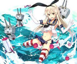 Rule 34 | 10s, 1girl, abyssal ship, black panties, blonde hair, blush, breasts, brown eyes, crop top, crop top overhang, elbow gloves, gloves, hairband, hao (patinnko), highleg, highleg panties, innertube, kantai collection, long hair, md5 mismatch, missile, navel, ocean, open mouth, panties, personification, pleated skirt, rensouhou-chan, resolution mismatch, school uniform, serafuku, shimakaze (kancolle), skirt, small breasts, solo, striped clothes, striped thighhighs, swim ring, tears, thighhighs, torn clothes, torn skirt, torn thighhighs, underwear, white gloves, | |, || ||