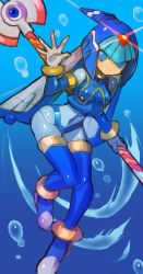 Rule 34 | 1girl, android, blue eyes, blue hair, breasts, dakusuta, helmet, highres, lance, fairy leviathan (mega man), mega man (series), mega man zero (series), polearm, small breasts, solo, underwater, water, weapon