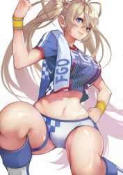 Rule 34 | 1girl, absurdres, bikini, bikini bottom only, blonde hair, blue eyes, blue shirt, blush, body writing, boots, bradamante (fate), bradamante (festival outfit) (fate), braid, breasts, cleavage, clenched hand, clothes writing, commentary request, crop top, crown braid, facepaint, fate/grand order, fate (series), hair between eyes, hand on own hip, hand up, heroic spirit festival outfit, highres, knee boots, large breasts, long hair, looking at viewer, midriff, parted lips, shirt, simple background, smile, socks, solo, swimsuit, thigh strap, thighs, towel on one shoulder, twintails, very long hair, white background, white bikini, wristband, yoshio (55level)