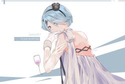 Rule 34 | 1girl, alcohol, artist name, bad id, bad pixiv id, bangle, bare shoulders, blue hair, blush, bracelet, character name, cup, dress, earrings, elbow gloves, from behind, girls&#039; frontline, gloves, hair ornament, hairband, hairclip, halter dress, halterneck, highres, jewelry, looking at viewer, looking back, official alternate costume, orange eyes, popsi, short hair, solo, white dress, white gloves, zas m21 (girls&#039; frontline), zas m21 (white queen) (girls&#039; frontline)