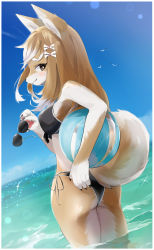 Rule 34 | 1girl, absurdres, animal ears, ball, beachball, bikini, bird wings, black bikini, black nails, brown fur, brown hair, closed mouth, commentary, commentary request, dog ears, dog girl, dog tail, enamika, unworn eyewear, furry, furry female, hair ornament, hairclip, highres, holding, holding removed eyewear, looking at viewer, looking back, nail polish, ocean, original, partially submerged, sunglasses, swimsuit, tail, two-tone fur, white fur, wings