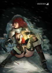 Rule 34 | 1girl, areola slip, armor, armored dress, ass, belt, breasts, brick, defeat, eyeliner, face, fingerless gloves, freckles, gloves, high heels, kingdom death, knife, lantern, lips, lokman lam, makeup, open mouth, red hair, scared, shoes, sitting, snow, solo, thighhighs, thighs, torn clothes, wall