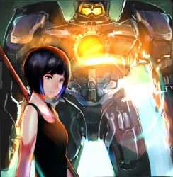Rule 34 | 1girl, black hair, blue hair, bob cut, cannon, chest cannon, energy cannon, gipsy danger, glowing, highres, jaeger (pacific rim), legendary pictures, lens flare, mako mori, mecha, multicolored hair, nuclear vortex turbine, pacific rim, pan pacific defense corps, polearm, purple eyes, robot, science fiction, short hair, staff, staff (weapon), streaked hair, tank top, weapon, xip3