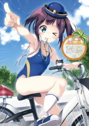 Rule 34 | &gt; o, 1girl, absurdres, armpits, bicycle, black hair, blue eyes, blue hat, breasts, cleavage, collarbone, competition school swimsuit, day, hat, highres, index finger raised, mouth hold, narusawa sora, one-piece swimsuit, one eye closed, original, outdoors, pointing, scan, school swimsuit, short hair, sitting, small breasts, solo, swimsuit, twintails