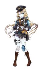 Rule 34 | 1girl, aono shimo, bandaged leg, bandages, bandaid, bandaid on leg, black hat, black scrunchie, blonde hair, blue eyes, boots, brown footwear, clenched hands, cross-laced footwear, formation girls, full body, garter straps, goggles, grey skirt, hair ornament, hair scrunchie, hairclip, hat, highres, lace-up boots, long hair, looking at viewer, low twintails, lusalka kinshar, military, military uniform, official art, one eye closed, pale skin, pleated skirt, scrunchie, skirt, solo, torn clothes, transparent background, twintails, uniform