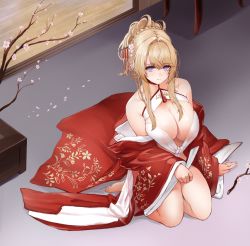 Rule 34 | 1girl, absurdres, azur lane, bare shoulders, blonde hair, braid, breasts, center opening, chinese new year, choker, cleavage cutout, clothing cutout, crown braid, dress, floral print, flower, from above, full body, glorious (azur lane), glorious (pungent plum) (azur lane), hair ornament, hair stick, highres, hitsuji (sheepsb22), indoors, japanese clothes, kanzashi, kimono, large breasts, looking at viewer, neckwear request, off shoulder, official alternate costume, open clothes, open dress, petals, pink flower, purple eyes, red choker, red dress, solo, wide sleeves