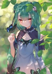 Rule 34 | 1girl, absurdres, aqua hair, blush, breasts, bug, butterfly, butterfly on hand, colored tips, double bun, forest, hair bun, haku u 0818, highres, hololive, insect, looking at viewer, multicolored hair, nail polish, nature, orange eyes, outdoors, pink nails, small breasts, smile, solo, standing, tree, uruha rushia, uruha rushia (1st costume), virtual youtuber