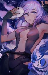 Rule 34 | 1girl, armpits, backless outfit, bad id, bad pixiv id, bare shoulders, black nails, blush, breasts, dark-skinned female, dark skin, fate/grand order, fate (series), fingerless gloves, flower, gloves, halterneck, hassan of serenity (fate), k (sktchblg), looking at viewer, mask, midriff, nail polish, navel, open mouth, purple eyes, purple hair, short hair, skin tight, skull mask, solo
