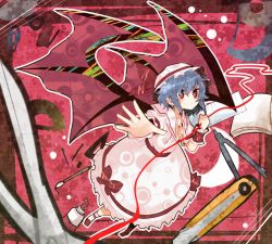 Rule 34 | 1girl, bad id, bad pixiv id, bat wings, blue hair, boxcutter, calligraphy brush, compass, dress, female focus, hat, highres, itomugi-kun, note, paint, paintbrush, red eyes, remilia scarlet, ribbon, ruler, scissors, short hair, skirt, smile, solo, string, string of fate, touhou, tube, wings