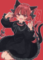 Rule 34 | animal ears, black ribbon, blush, braid, cat ears, cat tail, collar, dress, fang, frilled shirt collar, frilled sleeves, frills, green dress, hair ribbon, highres, kaenbyou rin, long hair, long sleeves, looking at viewer, multiple tails, nekomata, open mouth, paw pose, red background, red collar, red eyes, ribbon, sabatuki, seiza, simple background, sitting, skin fang, solo, tail, touhou, tress ribbon, twin braids, two tails