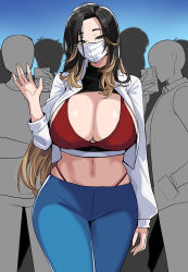 Rule 34 | 1girl, black hair, blue pants, breasts, brown hair, cleavage, hand up, hella p, highres, jacket, large breasts, long hair, long sleeves, looking at viewer, mask, mouth mask, multicolored hair, navel, open clothes, open jacket, original, pants, solo focus, white jacket